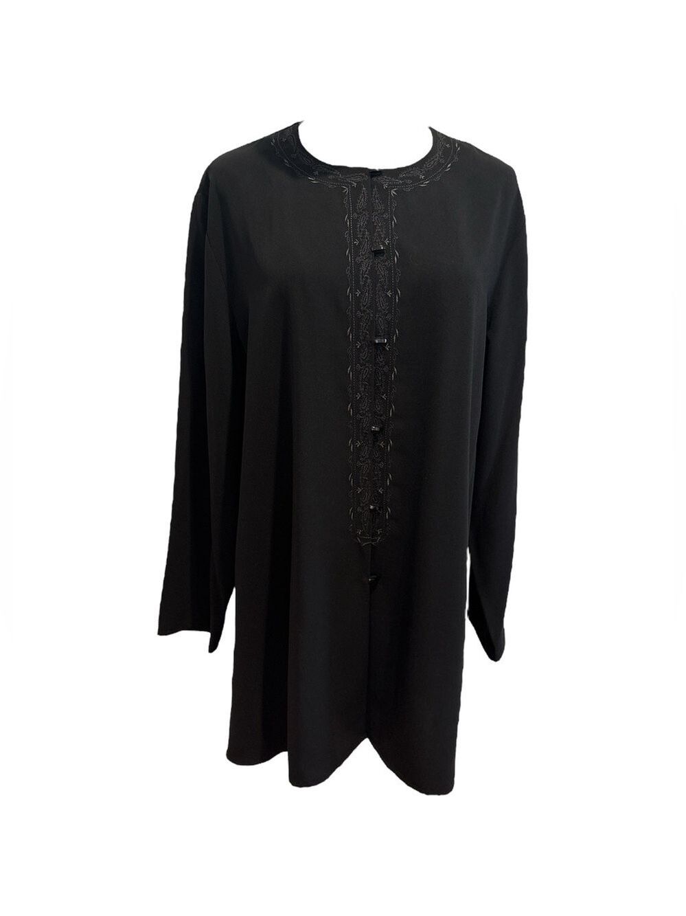90s MAGGIE MCNAUGHTON BLACK BOHO TUNIC W DECORATIVE BUTTONS & EMBROIDERY SZ XL - Picture 1 of 7